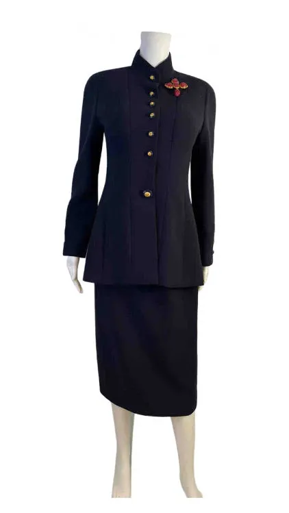 93P/93A 1993 Chanel Boutique Vintage Dark Navy Skirt Suit Set FR 36/38