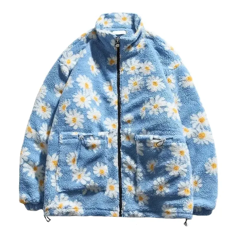 Aesthetic Floral Pattern O Neck Zip Jacket