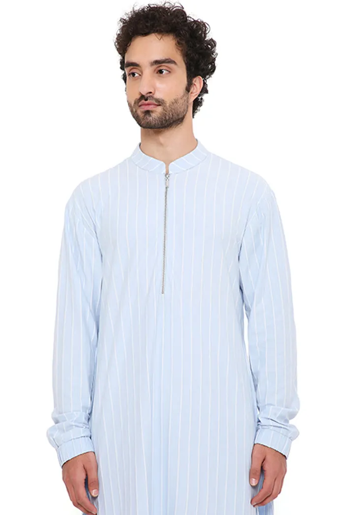 Aqua Lycra Stripe Bomber Kurta With Jogger Pant