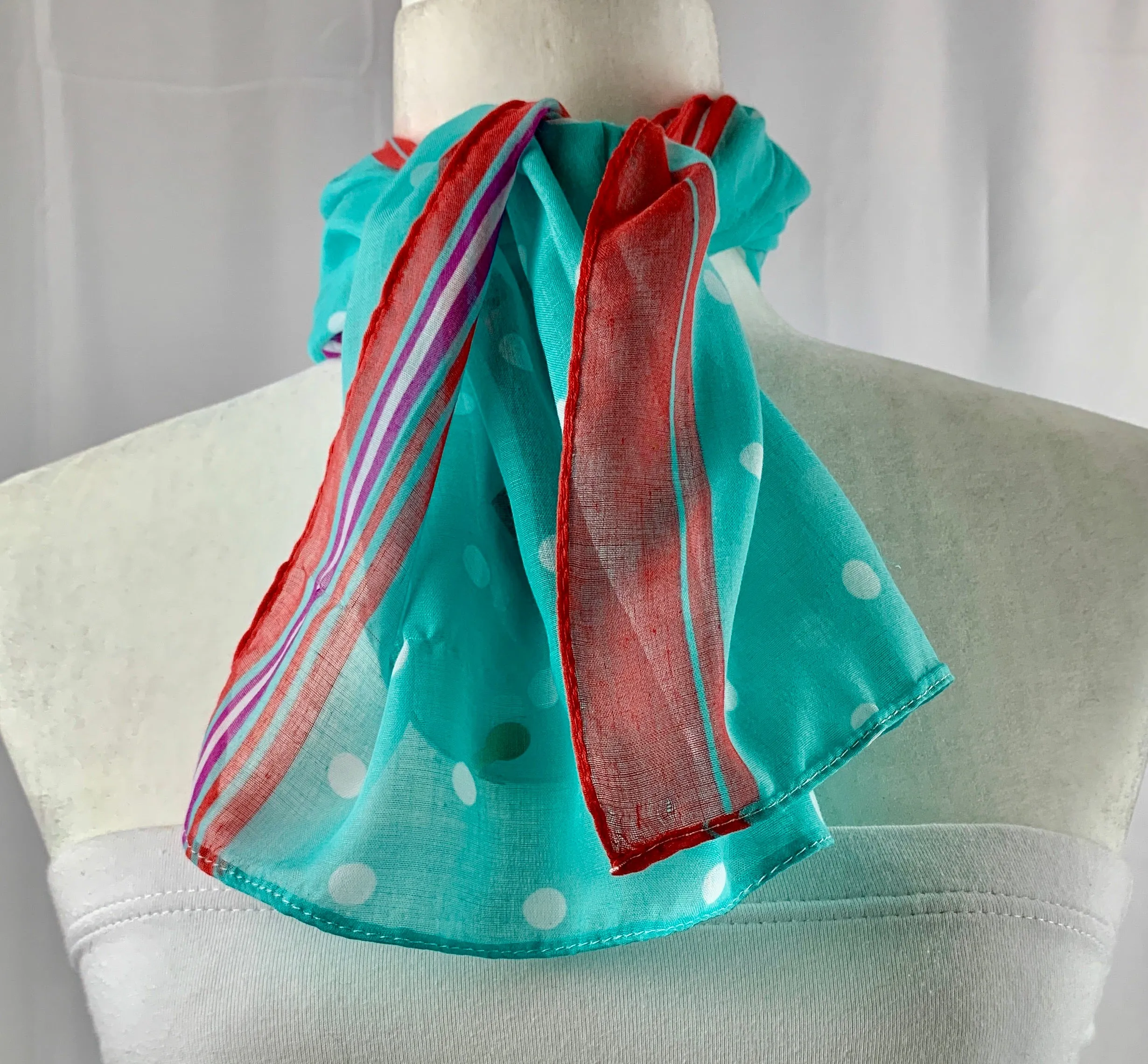 Aqua polka dots/ Tangerine Trim Neck Scarf