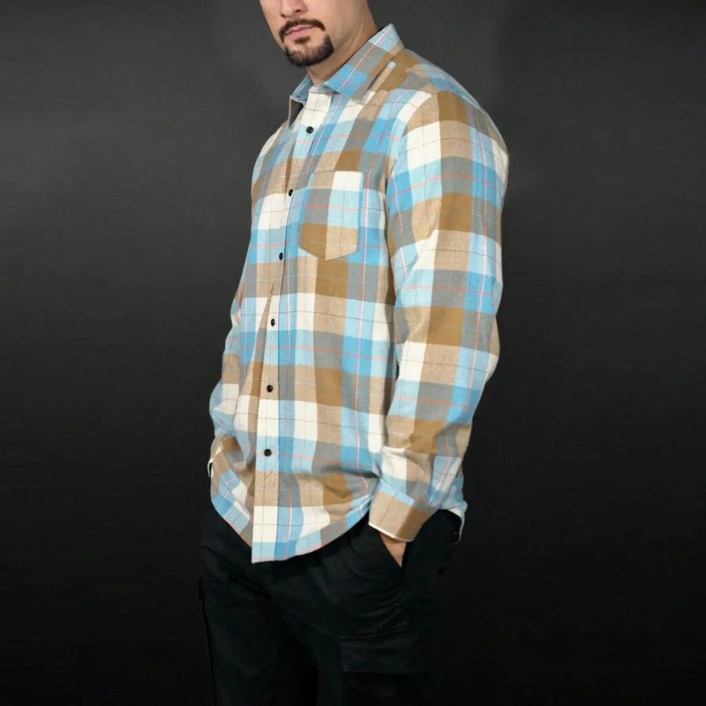 Baby Blue and Tan Flannel Long Sleeve Shirt