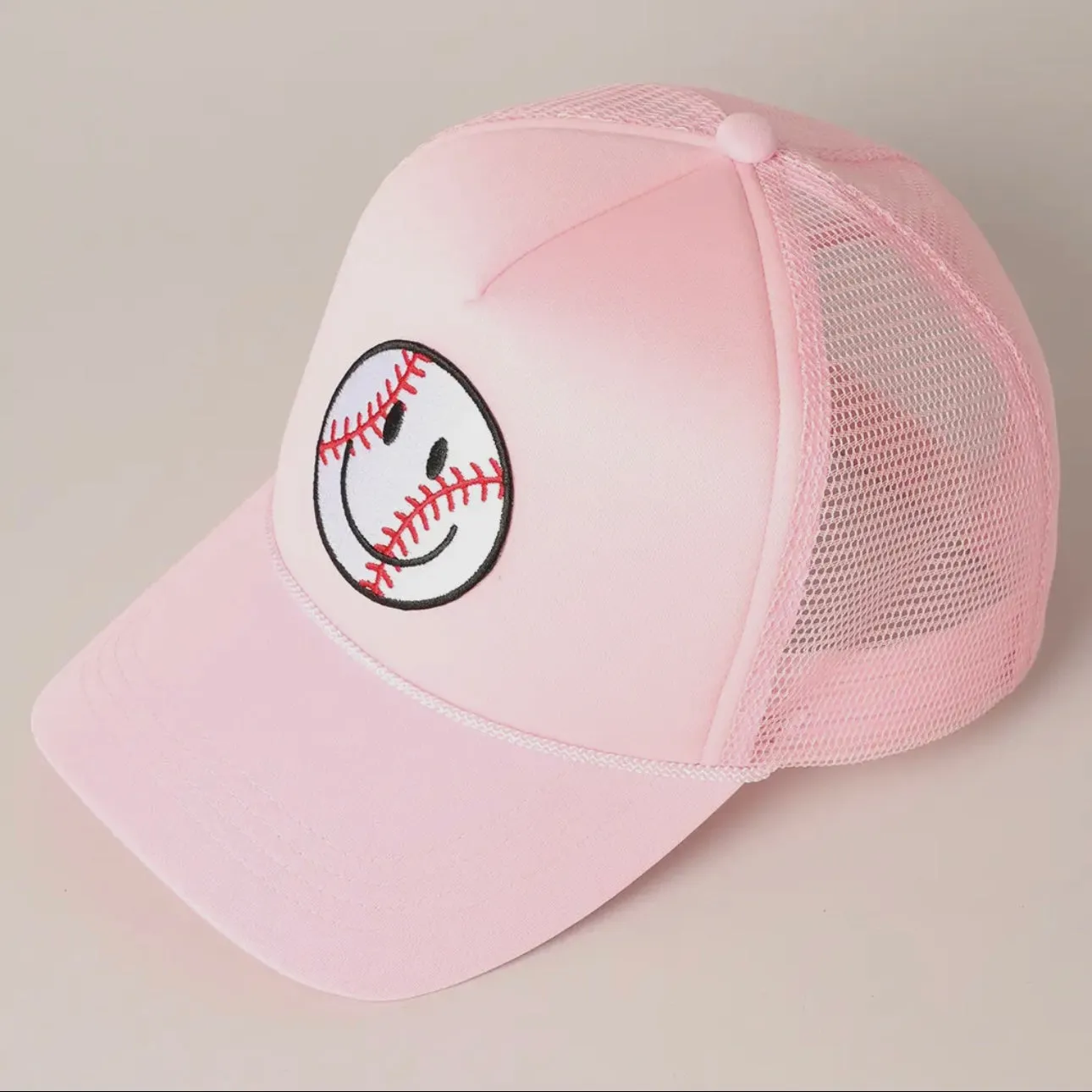 Baseball Happy Face Trucker Hat-Baby Pink