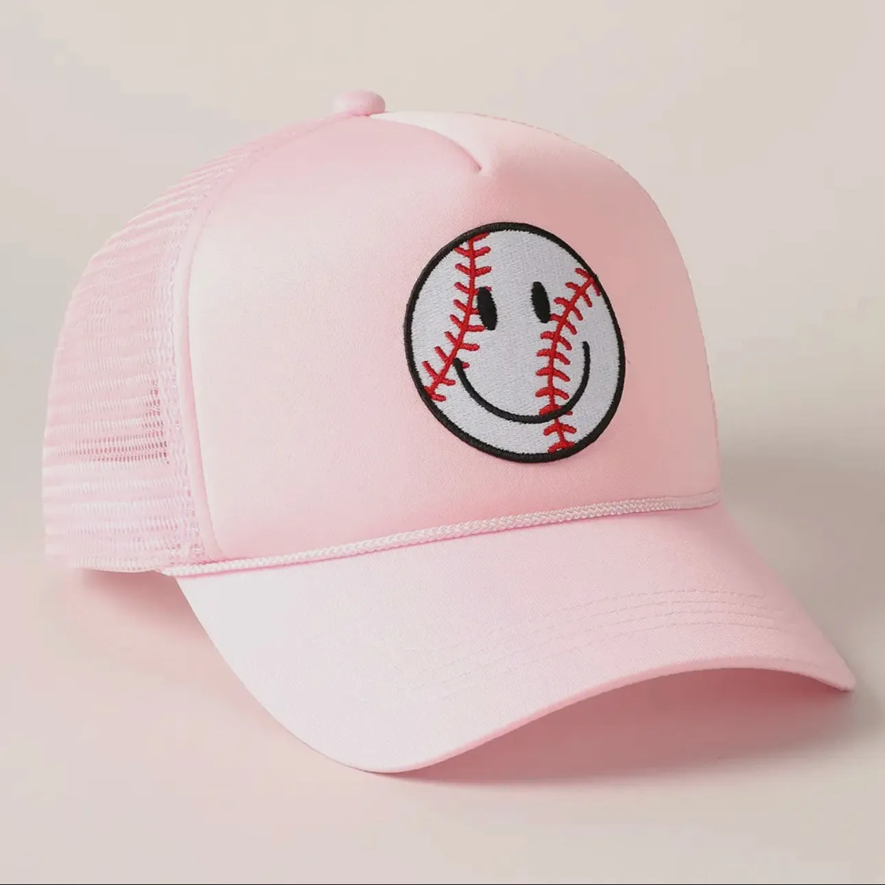 Baseball Happy Face Trucker Hat-Baby Pink