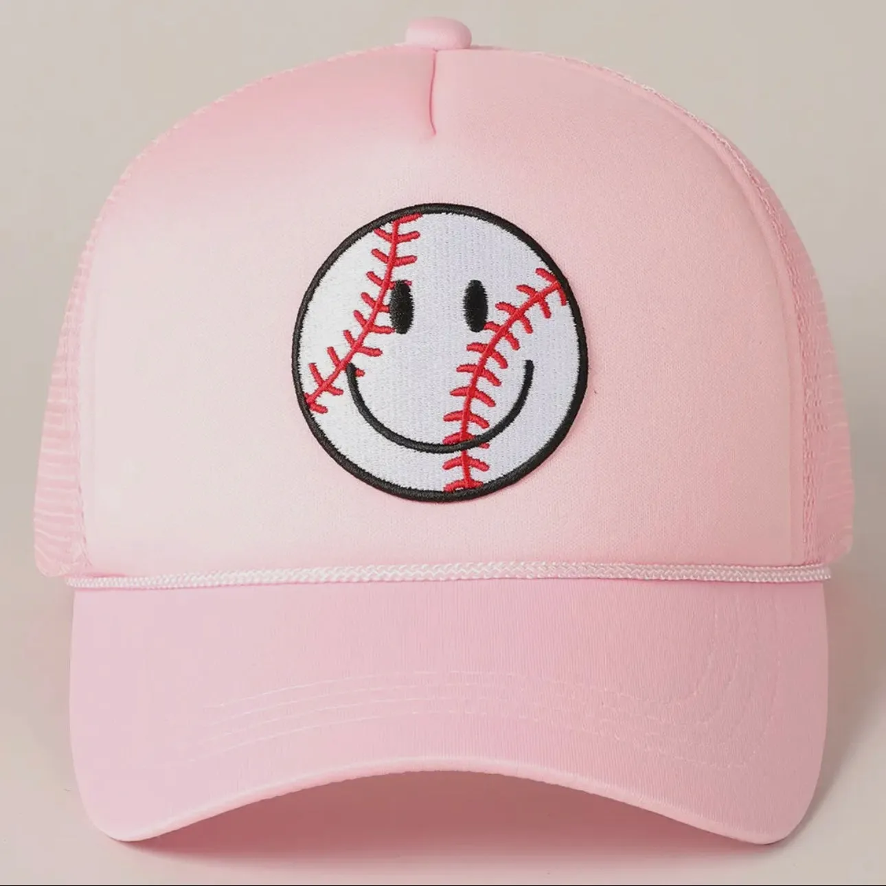 Baseball Happy Face Trucker Hat-Baby Pink