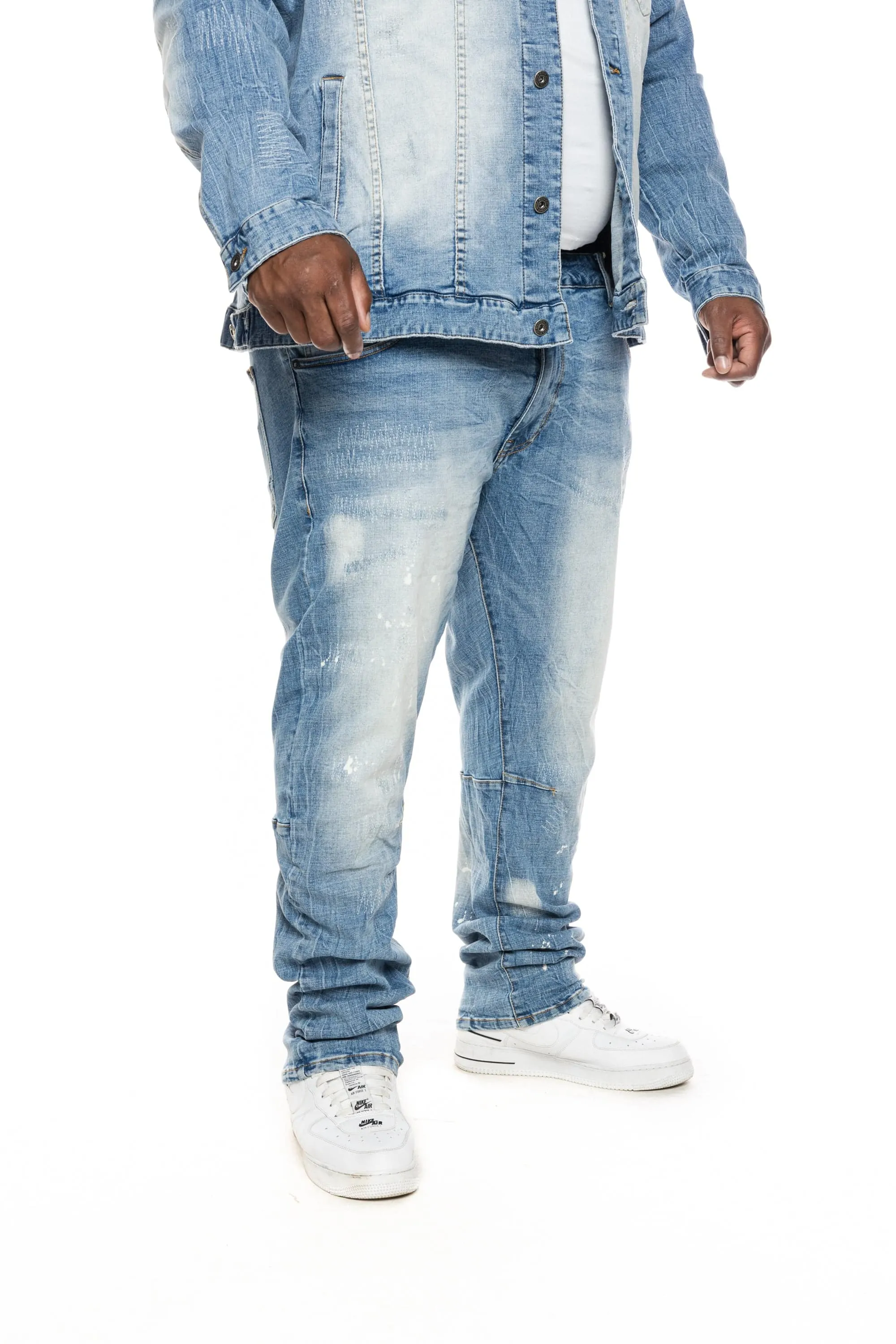 Big and Tall Bleached Detail Semi Basic Jeans - Ocean Blue