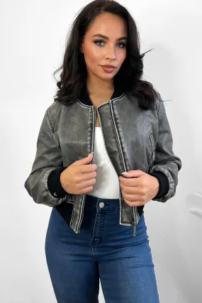 Black Grey Aged Effect Vegan Leather Bomber Jacket