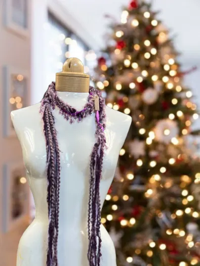 Boho Beaded Lightweight Mohair Scarf Necklace - Eggplant and Lavender with Beads