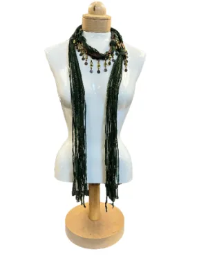 Boho Beaded Lightweight Scarf Necklace - Green and Gold