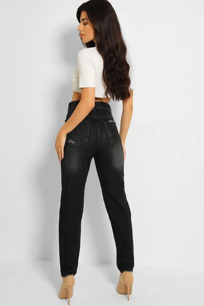 Charcoal Grey Distressed High Waist Taper Mom Jeans