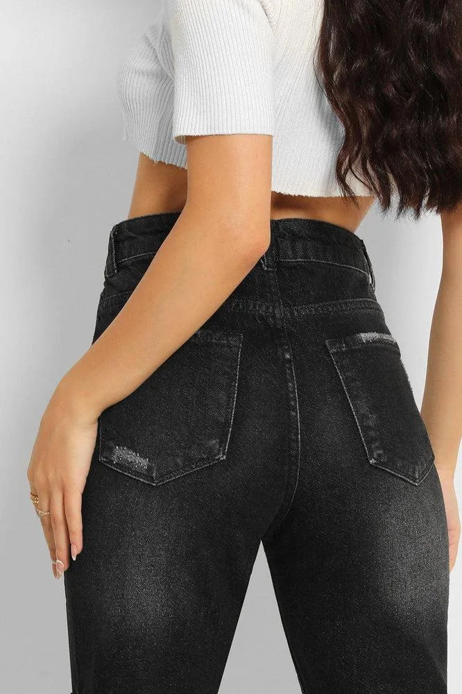 Charcoal Grey Distressed High Waist Taper Mom Jeans