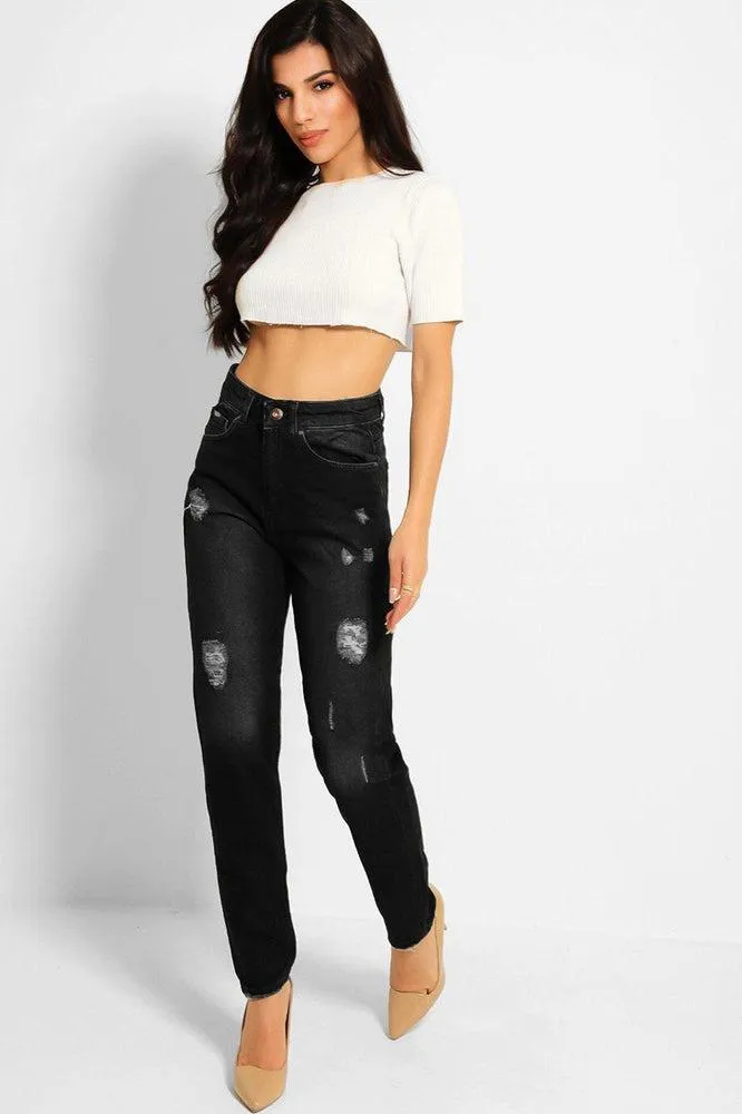 Charcoal Grey Distressed High Waist Taper Mom Jeans