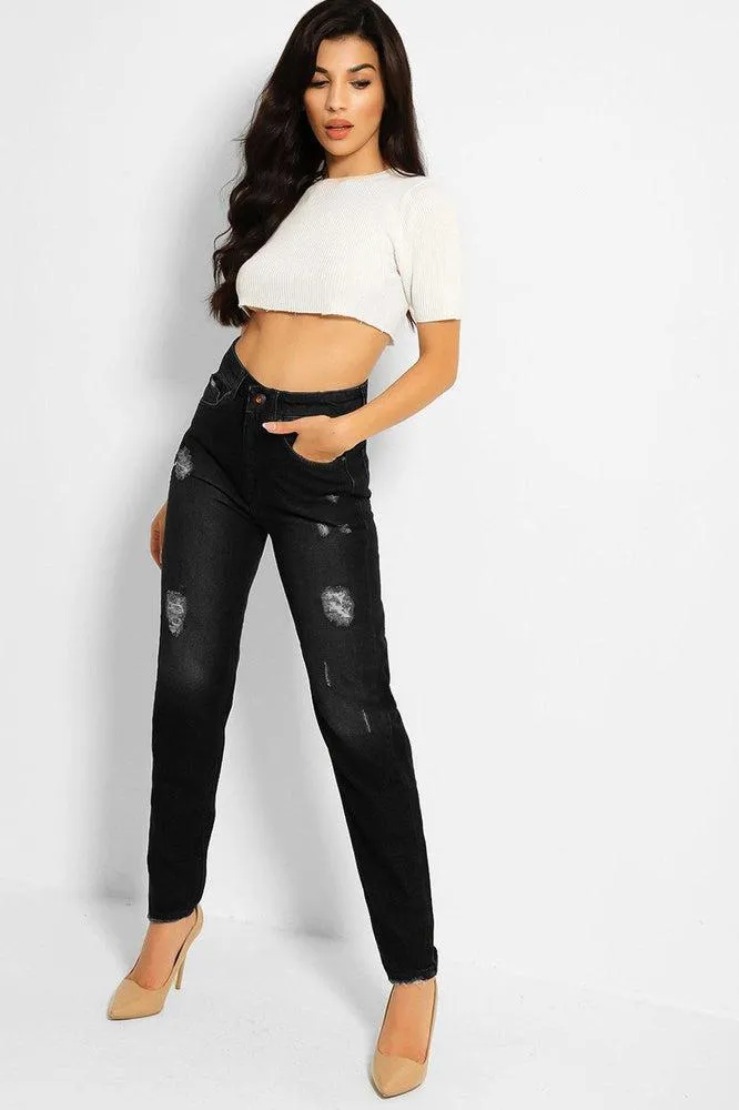 Charcoal Grey Distressed High Waist Taper Mom Jeans