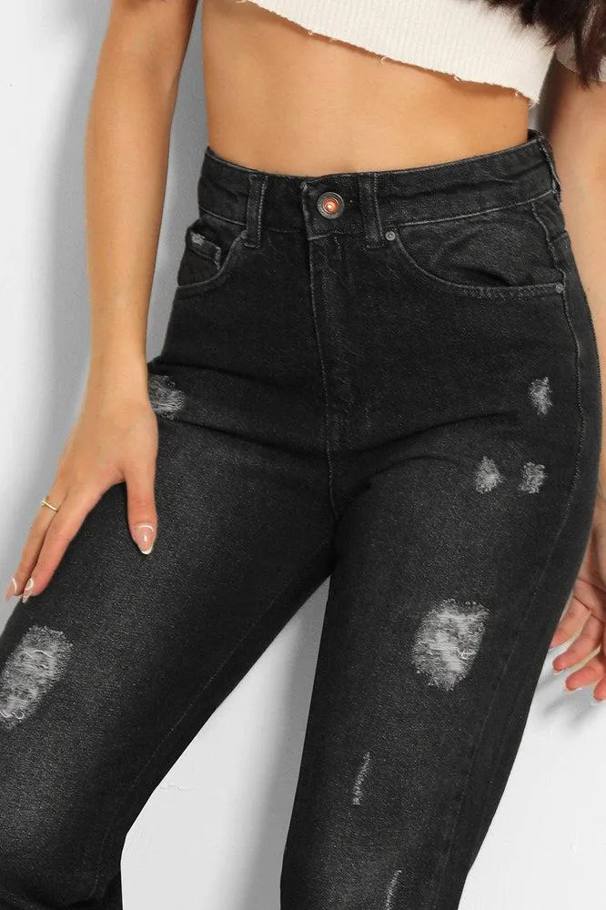 Charcoal Grey Distressed High Waist Taper Mom Jeans