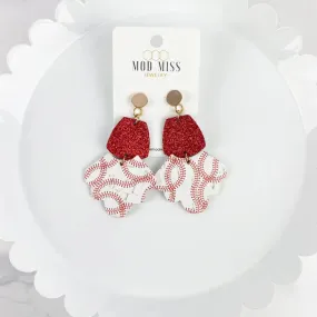 Cork Scalloped Stud Earrings Red Glitter   Baseball