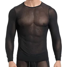 DHEWFU Men's Mesh Shirts See Through Long Sleeve Top Muscle Undershirt Clubwear Black