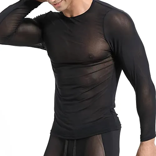 DHEWFU Men's Mesh Shirts See Through Long Sleeve Top Muscle Undershirt Clubwear Black