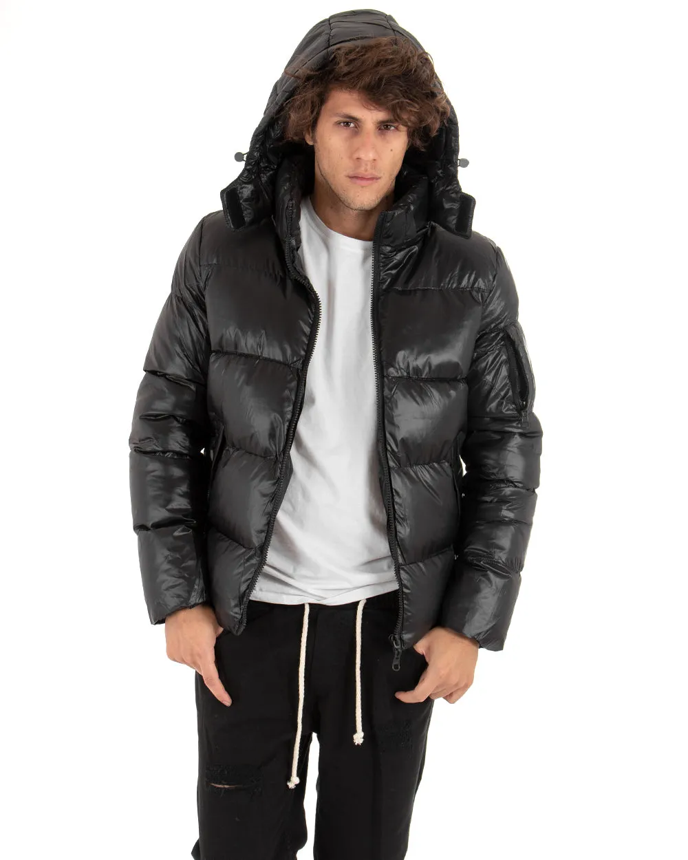 Giubbotto Uomo Bomber Lucido Opaco Puffer Trapuntato Nero Cappuccio GIOSAL-G2657A