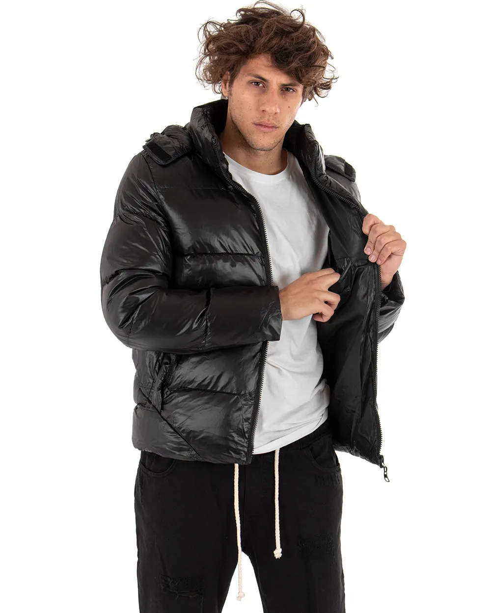 Giubbotto Uomo Bomber Lucido Opaco Puffer Trapuntato Nero Cappuccio GIOSAL-G2657A