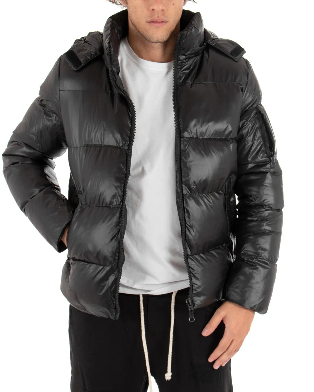 Giubbotto Uomo Bomber Lucido Opaco Puffer Trapuntato Nero Cappuccio GIOSAL-G2657A