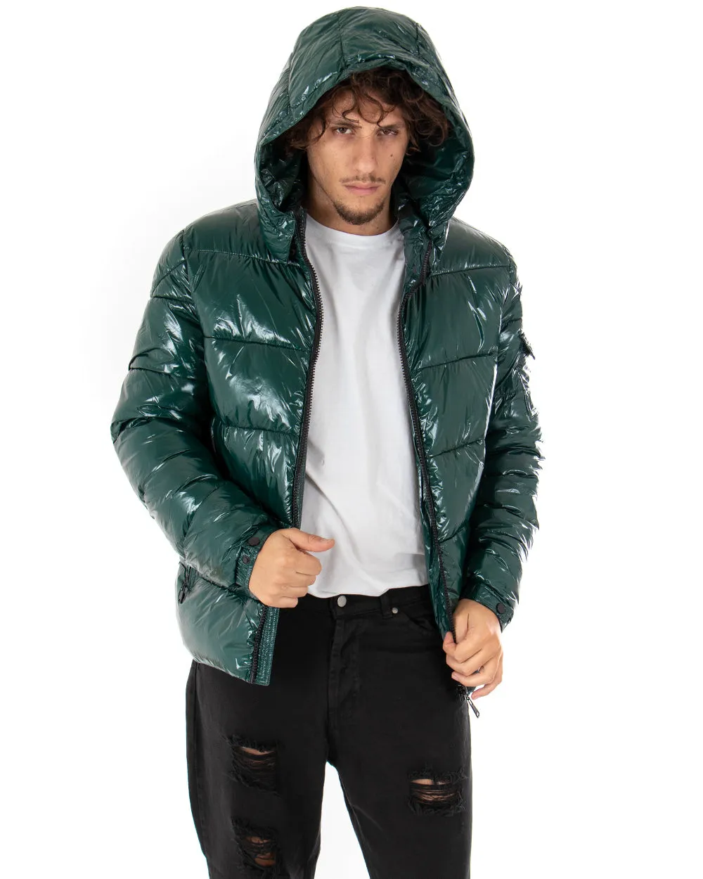 Giubbotto Uomo Bomber Lucido Vernice Cappuccio Tinta Unita Verde GIOSAL-G2621A