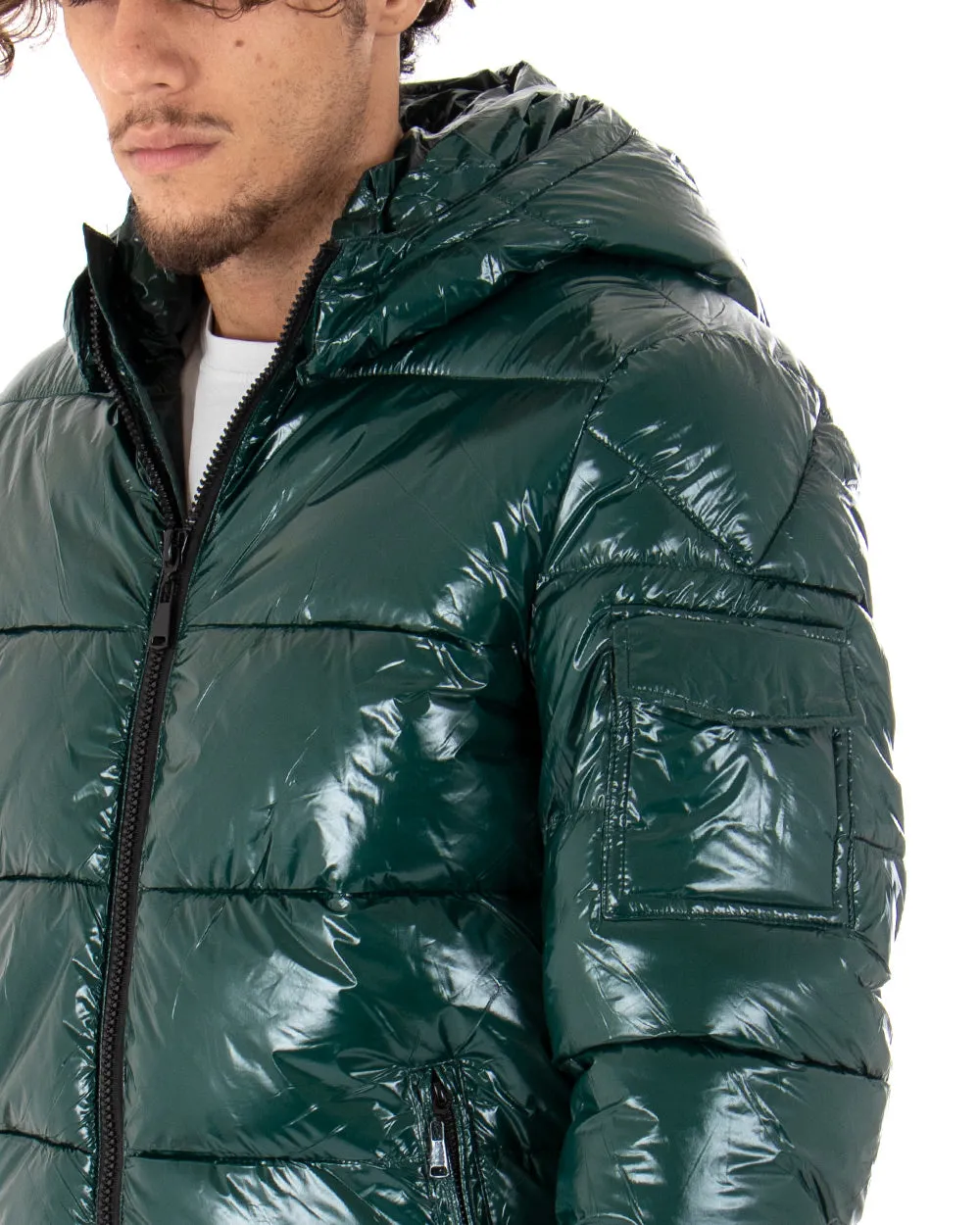 Giubbotto Uomo Bomber Lucido Vernice Cappuccio Tinta Unita Verde GIOSAL-G2621A