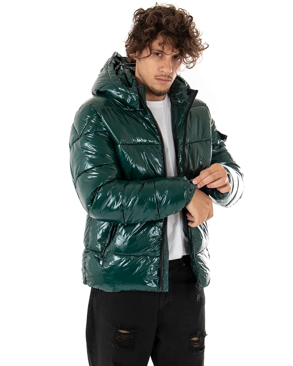 Giubbotto Uomo Bomber Lucido Vernice Cappuccio Tinta Unita Verde GIOSAL-G2621A