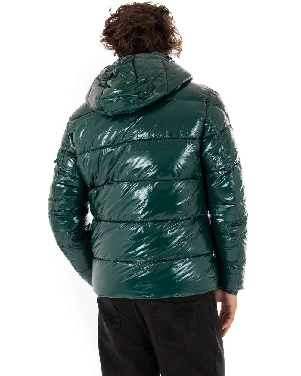 Giubbotto Uomo Bomber Lucido Vernice Cappuccio Tinta Unita Verde GIOSAL-G2621A