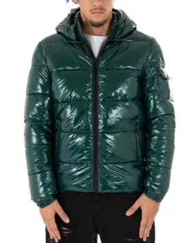 Giubbotto Uomo Bomber Lucido Vernice Cappuccio Tinta Unita Verde GIOSAL-G2621A