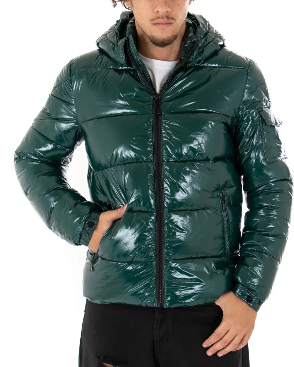 Giubbotto Uomo Bomber Lucido Vernice Cappuccio Tinta Unita Verde GIOSAL-G2621A