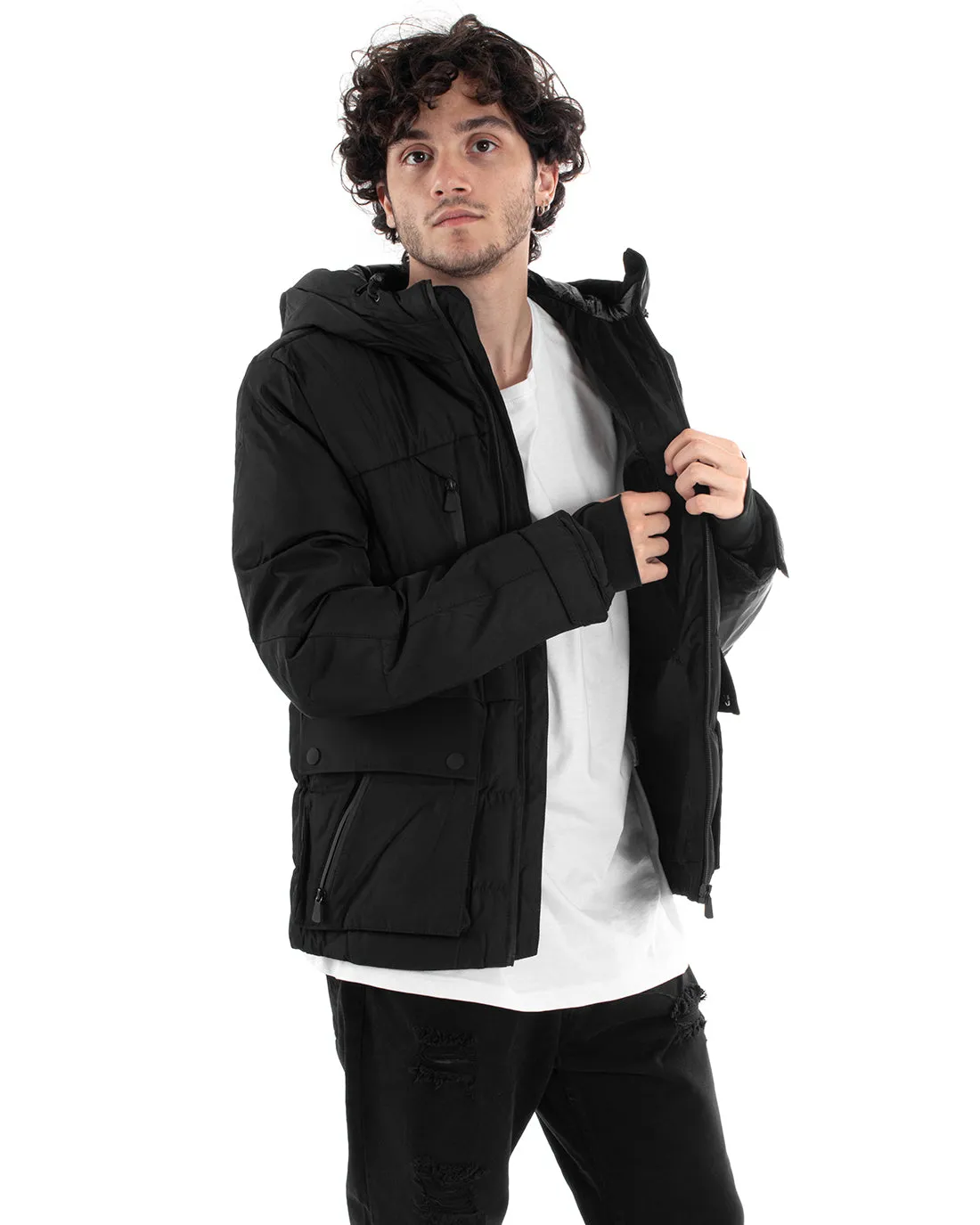 Giubbotto Uomo Bomber Nero Tasche Cappuccio Casual Imbottito GIOSAL-G3004A