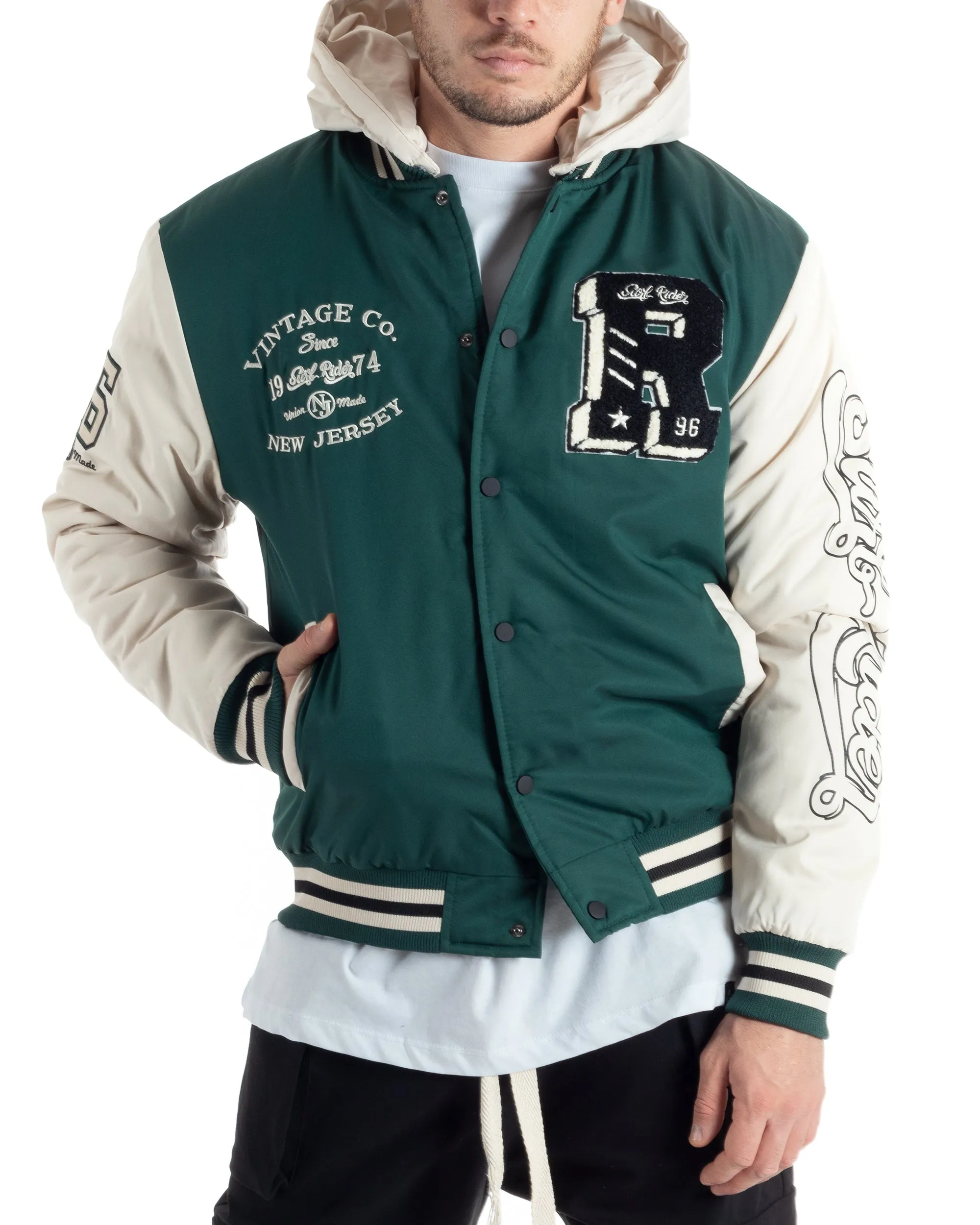 Giubbotto Uomo College Varsity Con Patch Tessuto Tecnico Verde Bianco GIOSAL-G3125A