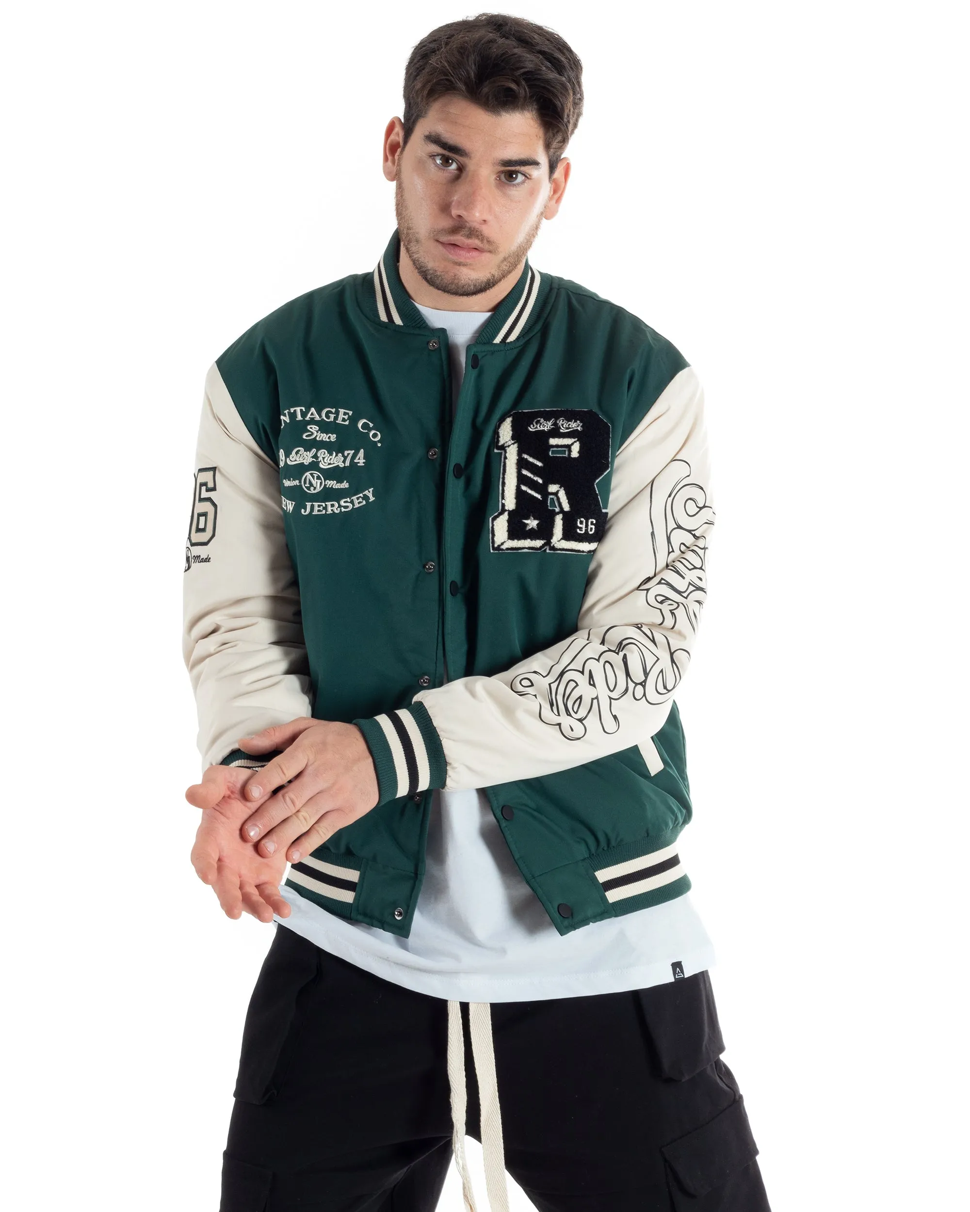 Giubbotto Uomo College Varsity Con Patch Tessuto Tecnico Verde Bianco GIOSAL-G3125A