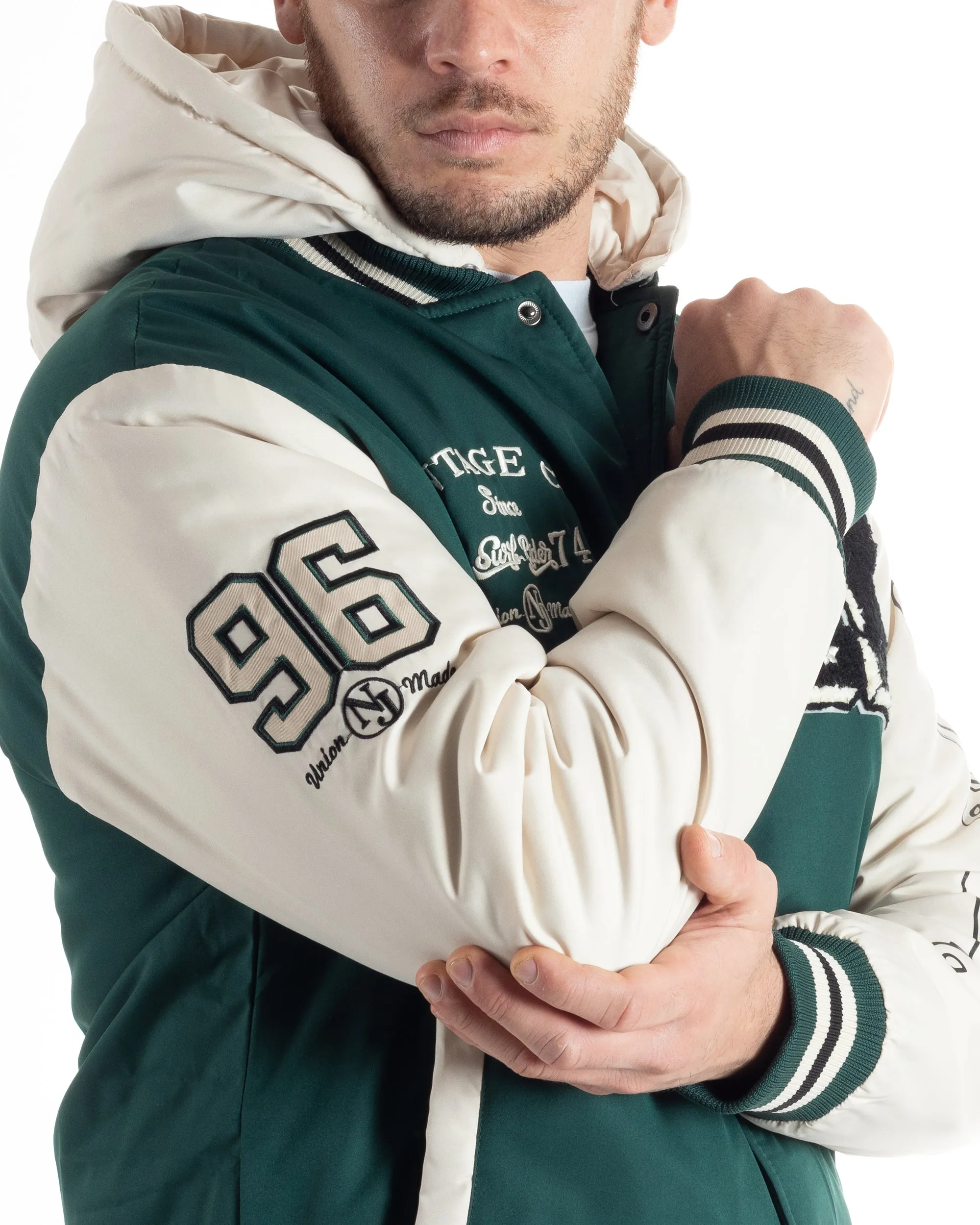 Giubbotto Uomo College Varsity Con Patch Tessuto Tecnico Verde Bianco GIOSAL-G3125A