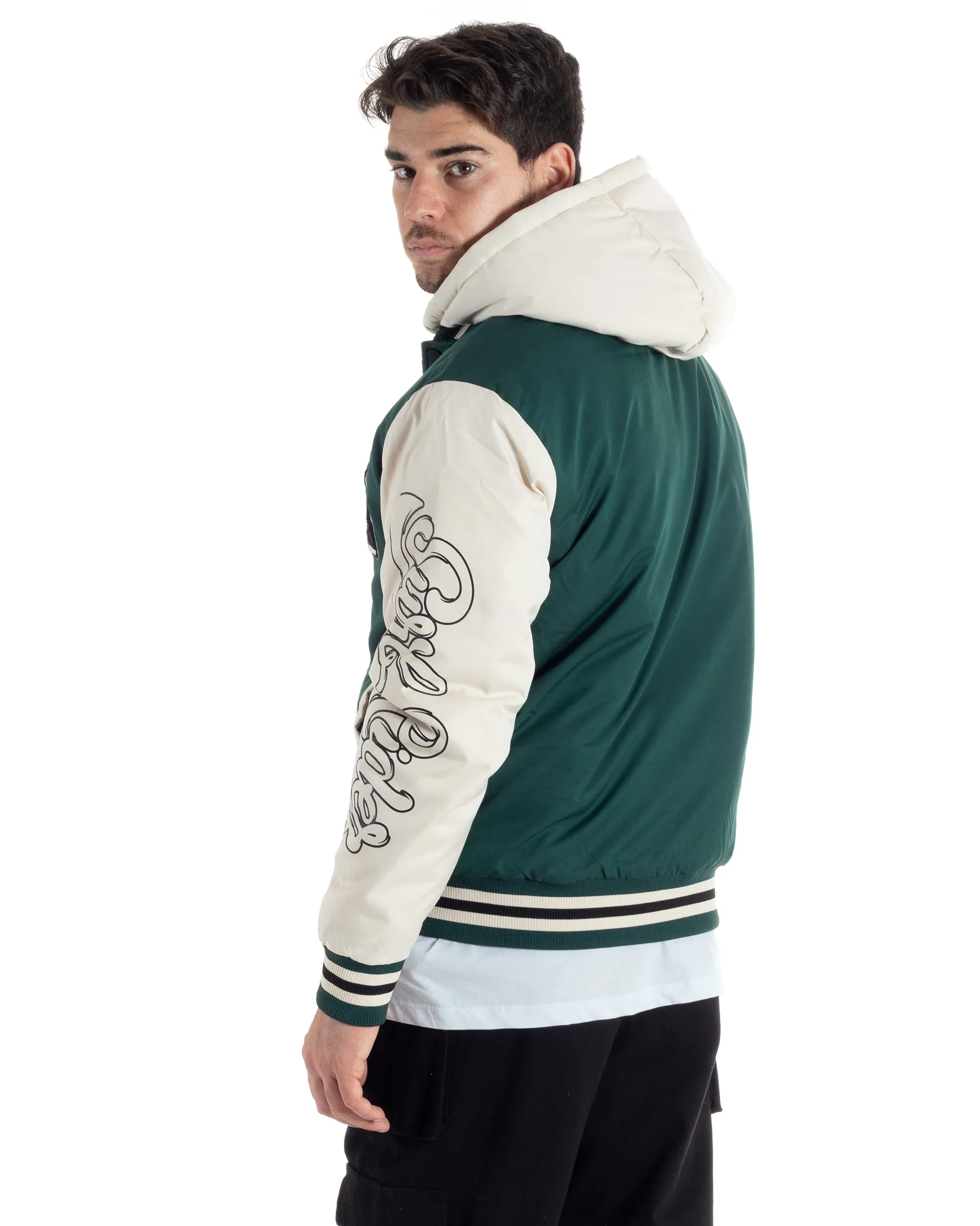 Giubbotto Uomo College Varsity Con Patch Tessuto Tecnico Verde Bianco GIOSAL-G3125A