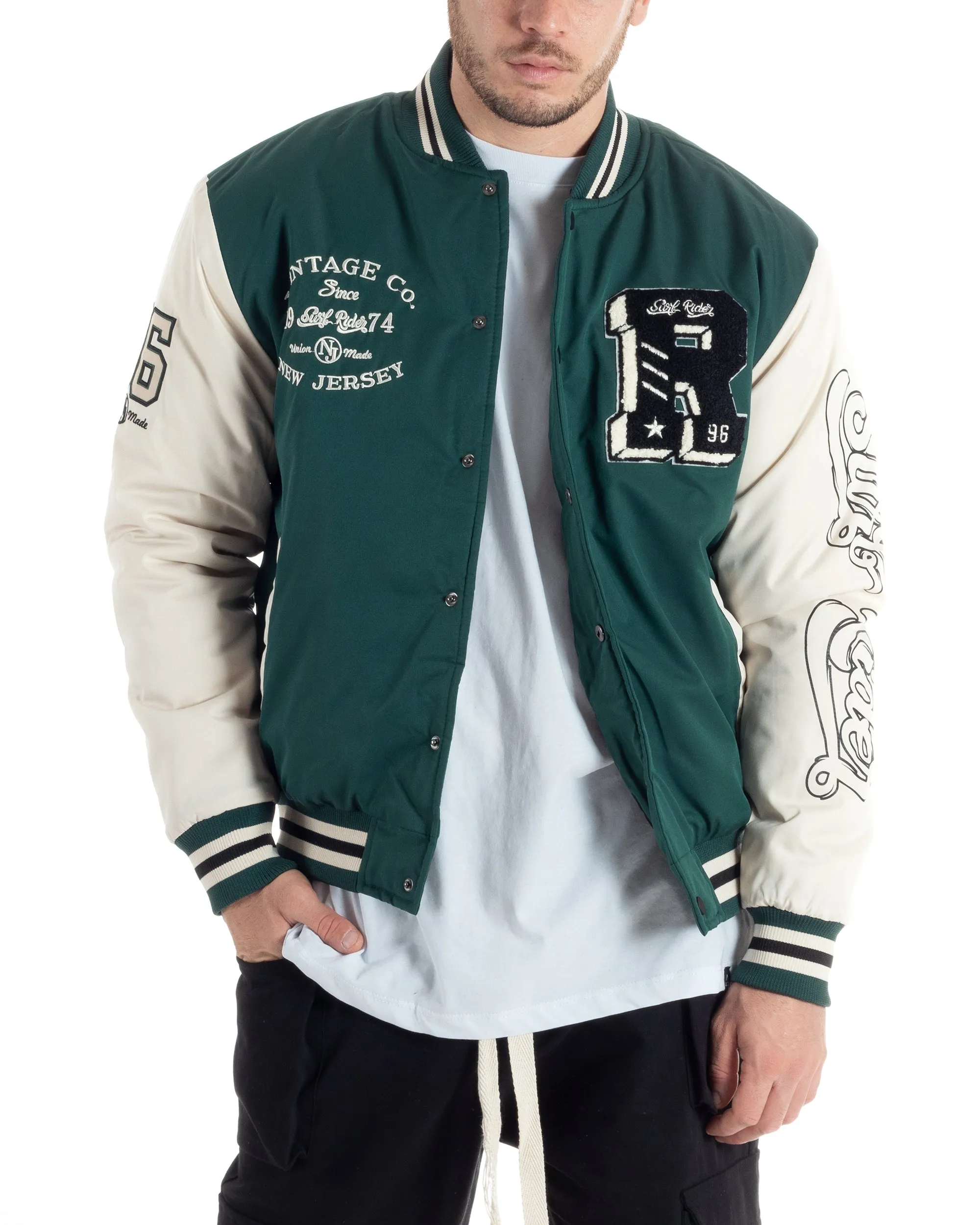 Giubbotto Uomo College Varsity Con Patch Tessuto Tecnico Verde Bianco GIOSAL-G3125A