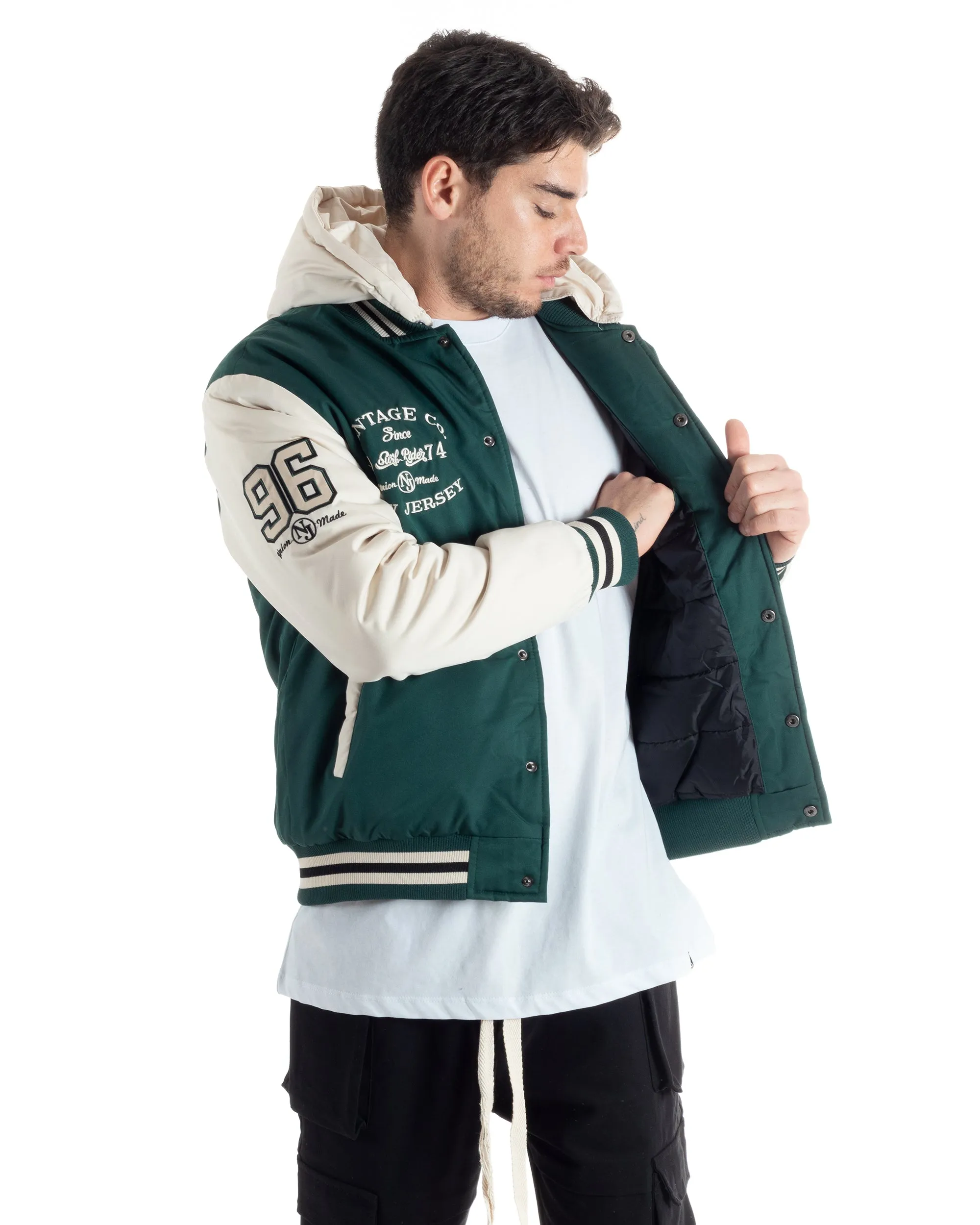 Giubbotto Uomo College Varsity Con Patch Tessuto Tecnico Verde Bianco GIOSAL-G3125A