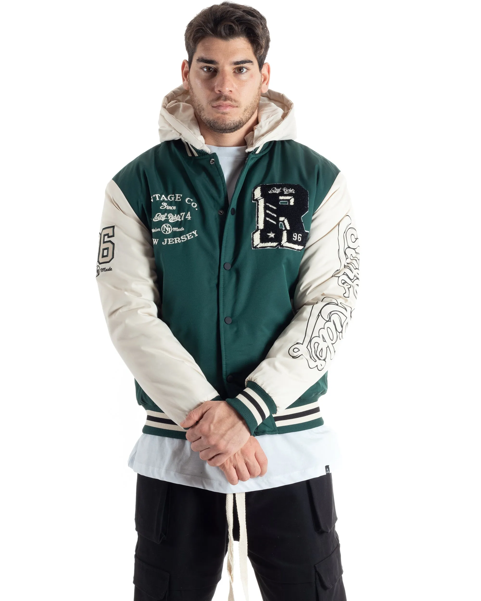 Giubbotto Uomo College Varsity Con Patch Tessuto Tecnico Verde Bianco GIOSAL-G3125A