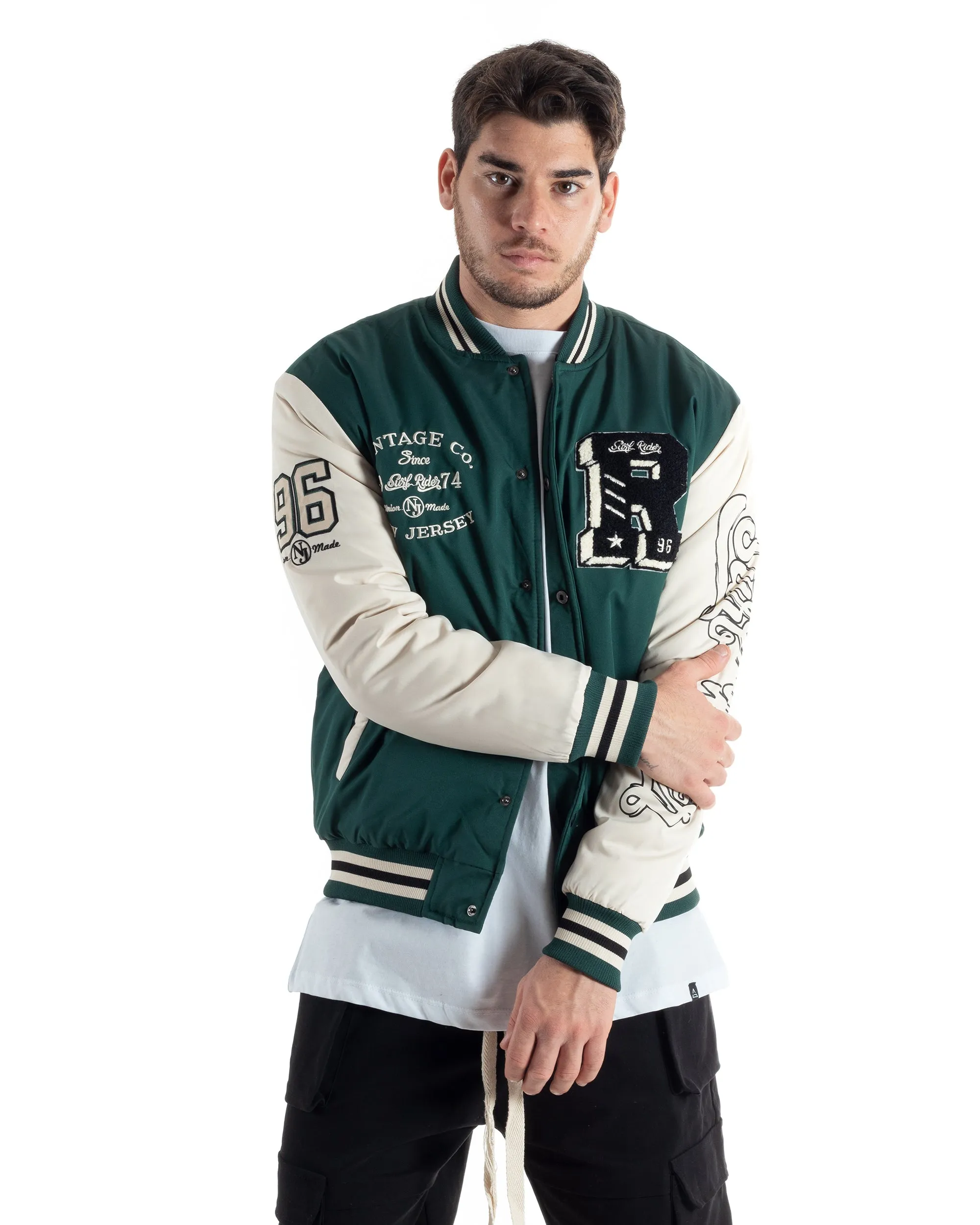 Giubbotto Uomo College Varsity Con Patch Tessuto Tecnico Verde Bianco GIOSAL-G3125A