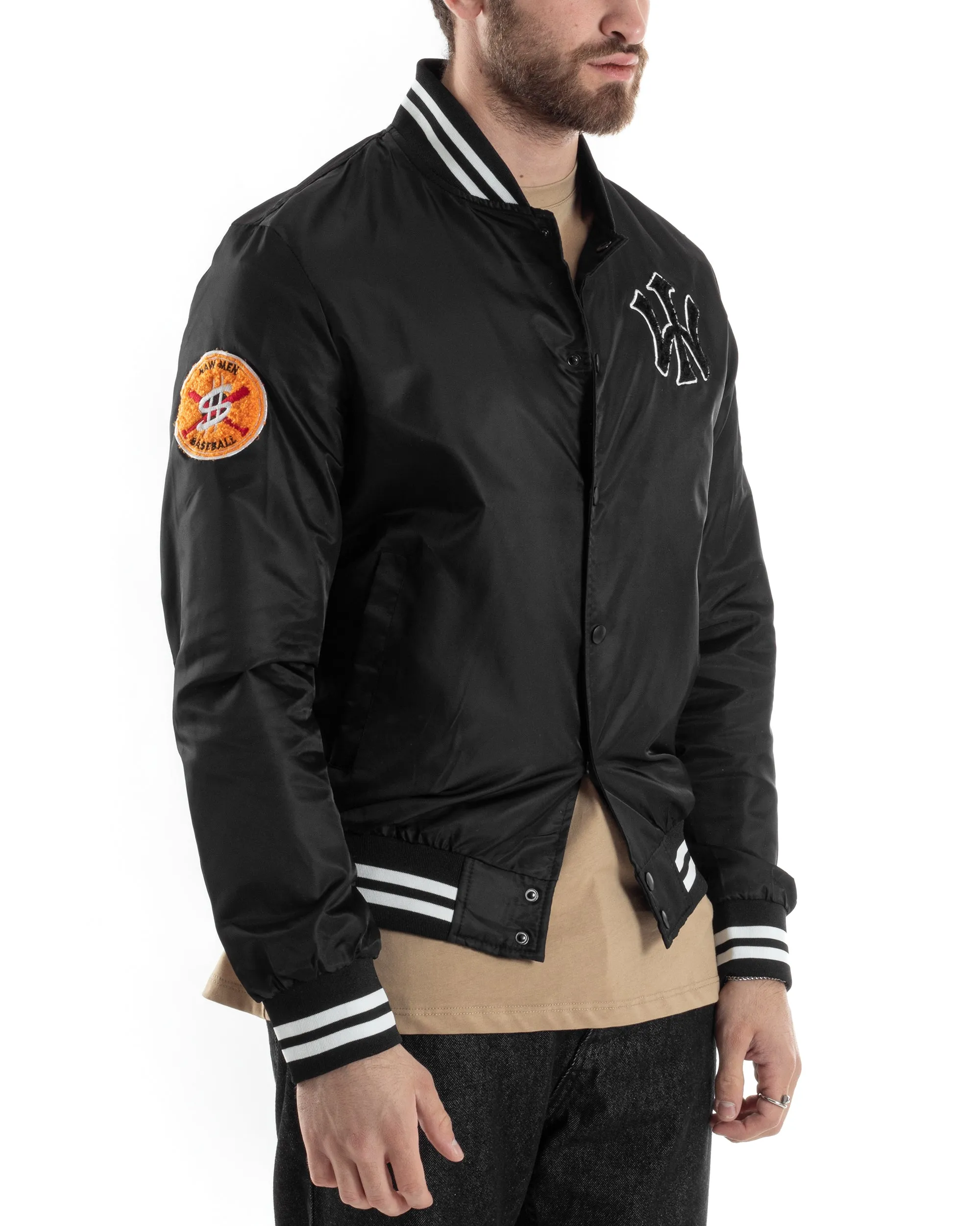 Giubbotto Uomo Giacca College Bomber Con Patch Tessuto Tecnico Nero GIOSAL-G3177A