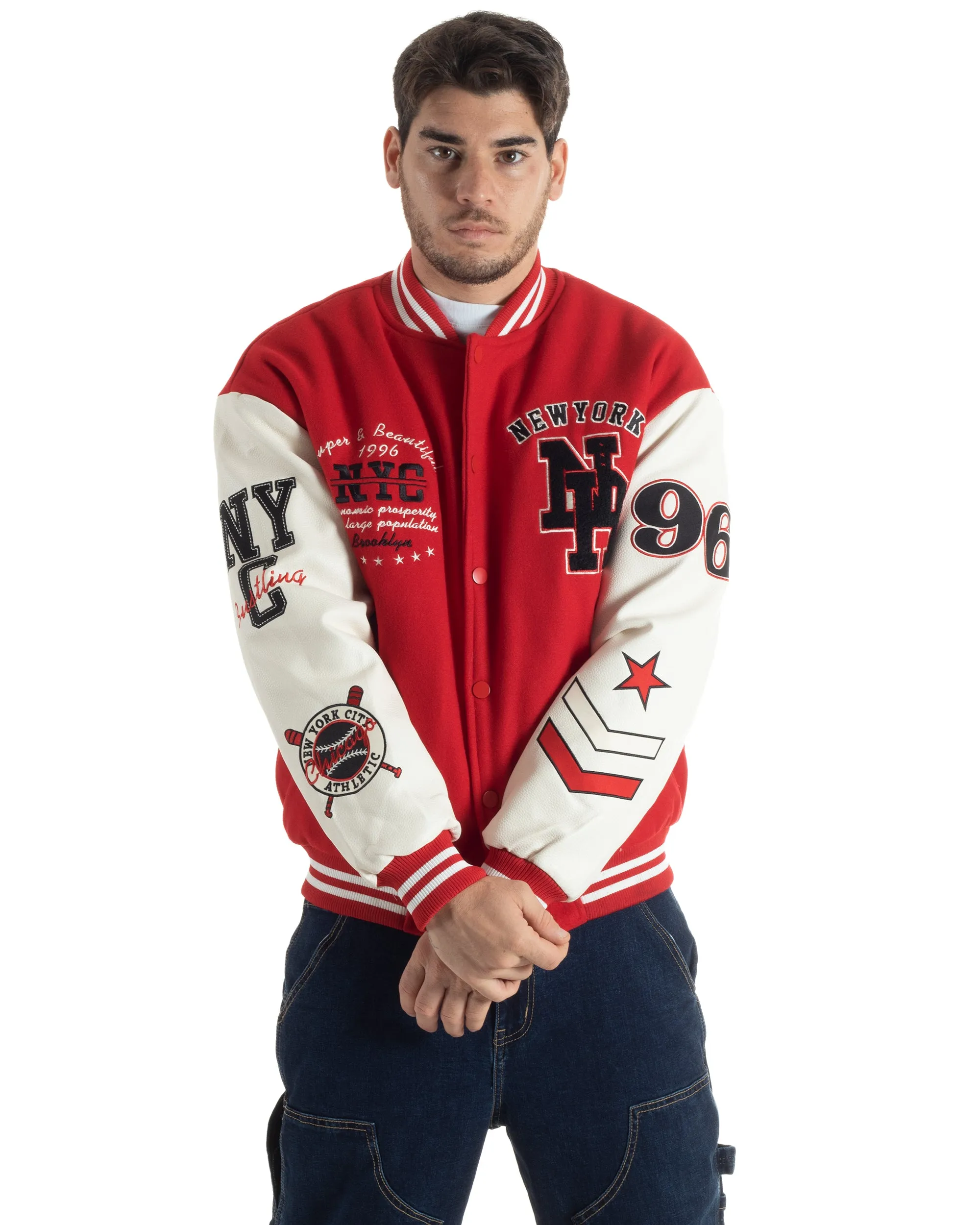 Giubbotto Uomo In Tessuto Panno College Varsity Con Patch Maniche Ecopelle Rosso Bianco GIOSAL-G3138A