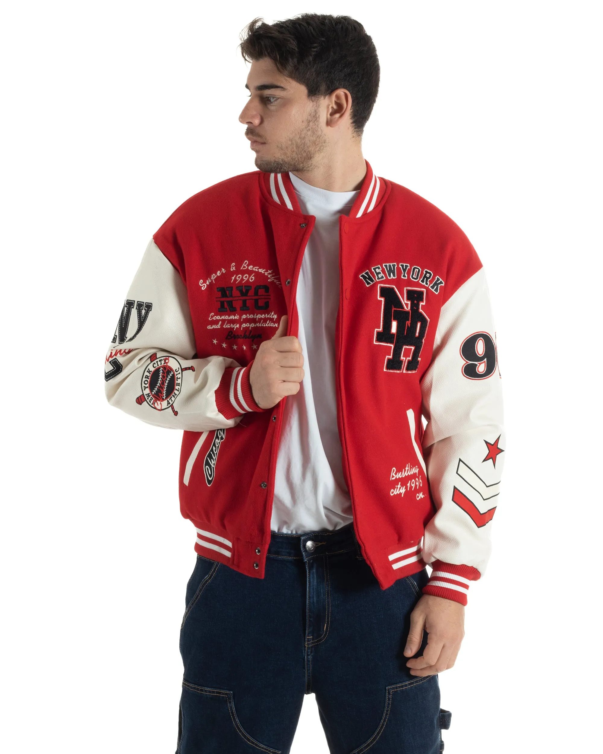 Giubbotto Uomo In Tessuto Panno College Varsity Con Patch Maniche Ecopelle Rosso Bianco GIOSAL-G3138A