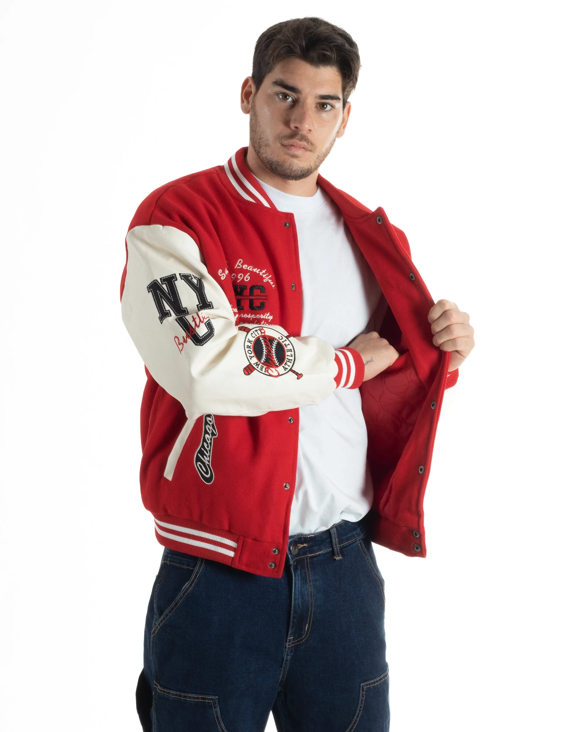 Giubbotto Uomo In Tessuto Panno College Varsity Con Patch Maniche Ecopelle Rosso Bianco GIOSAL-G3138A