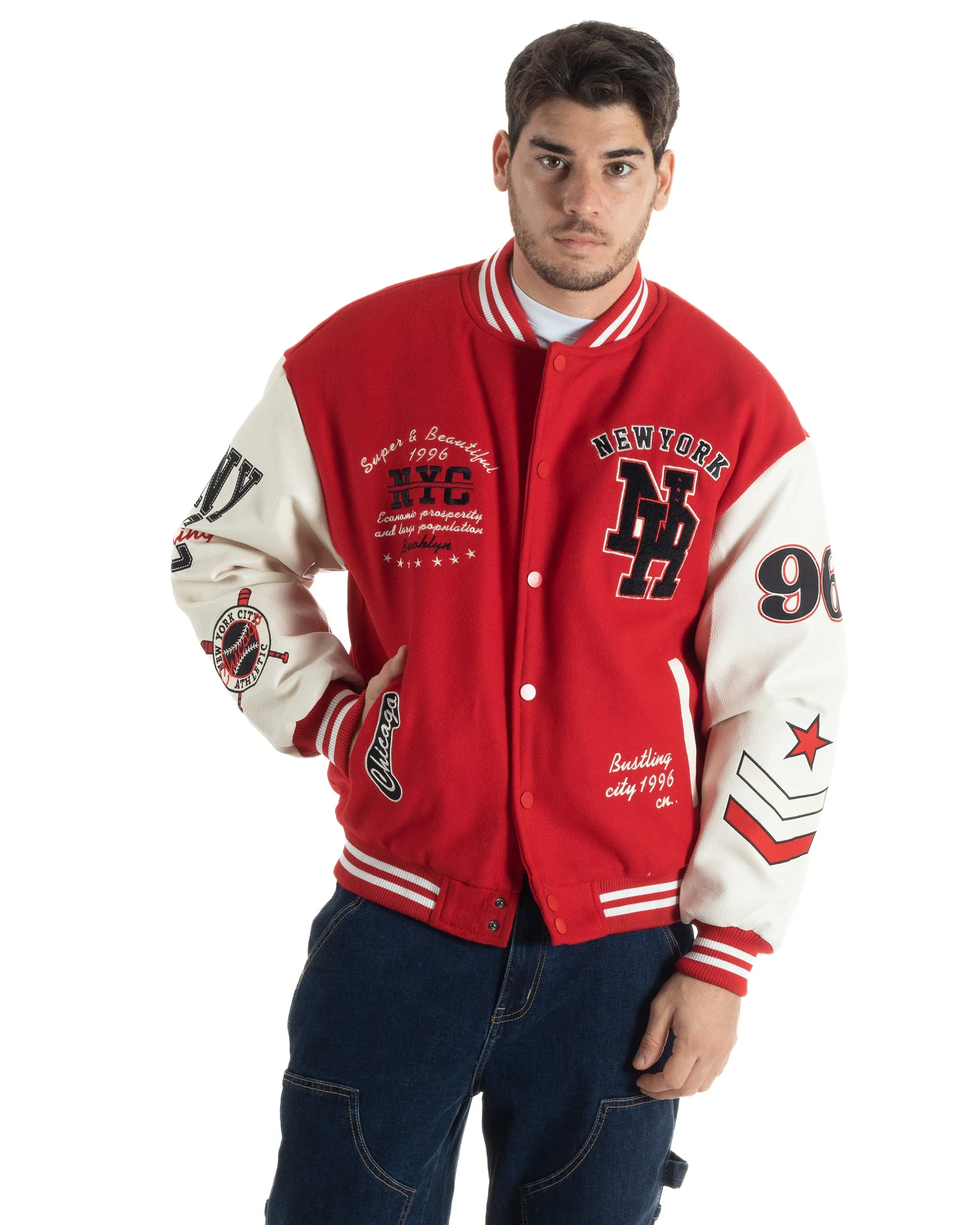 Giubbotto Uomo In Tessuto Panno College Varsity Con Patch Maniche Ecopelle Rosso Bianco GIOSAL-G3138A