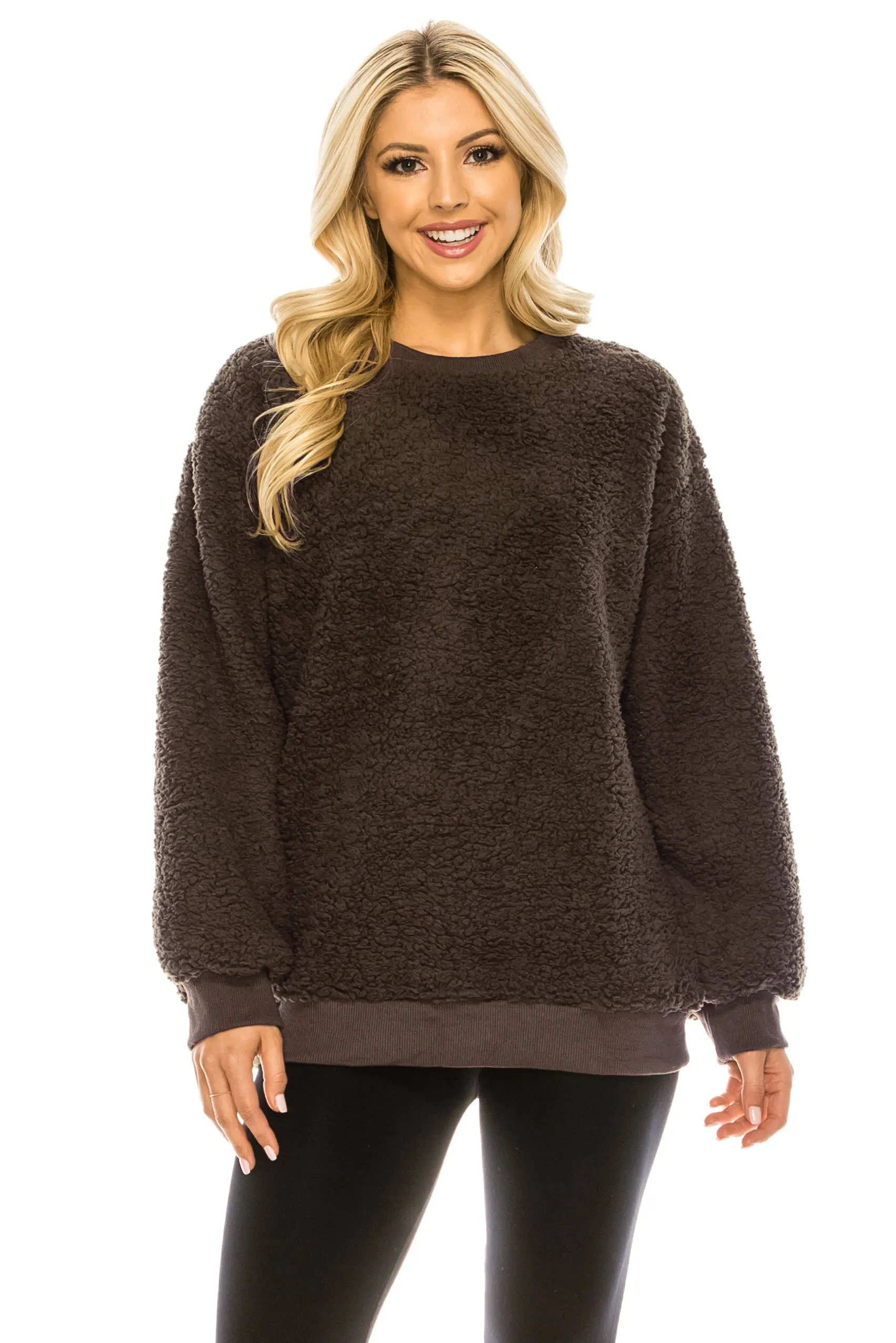 Haute Edition Pullover Crewneck Sherpa Fleece Sweatshirt