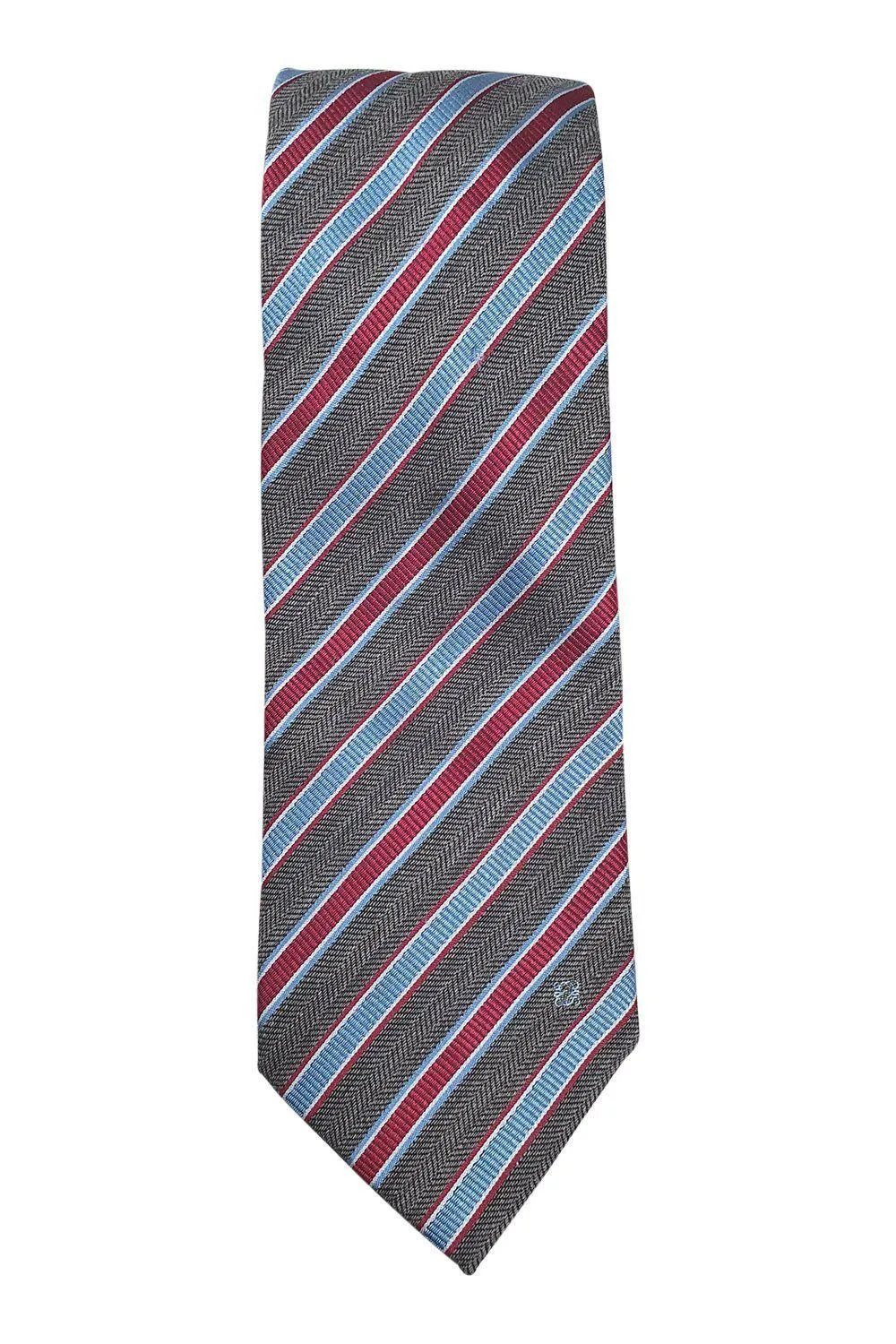 LOEWE 100% Silk Brown Tie Red Blue And White Stripes Repeat (60 L | W 3.3)