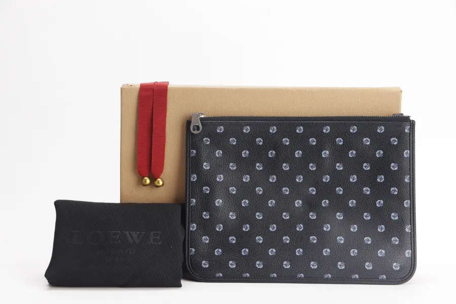 LOEWE MADRID ISLA CLUTCH BLUE MONOGRAM BLACK CALFSKIN - PIEL VACUNO & PALLADIUM HARDWARE (061402) WITH DUST COVER AND BOX