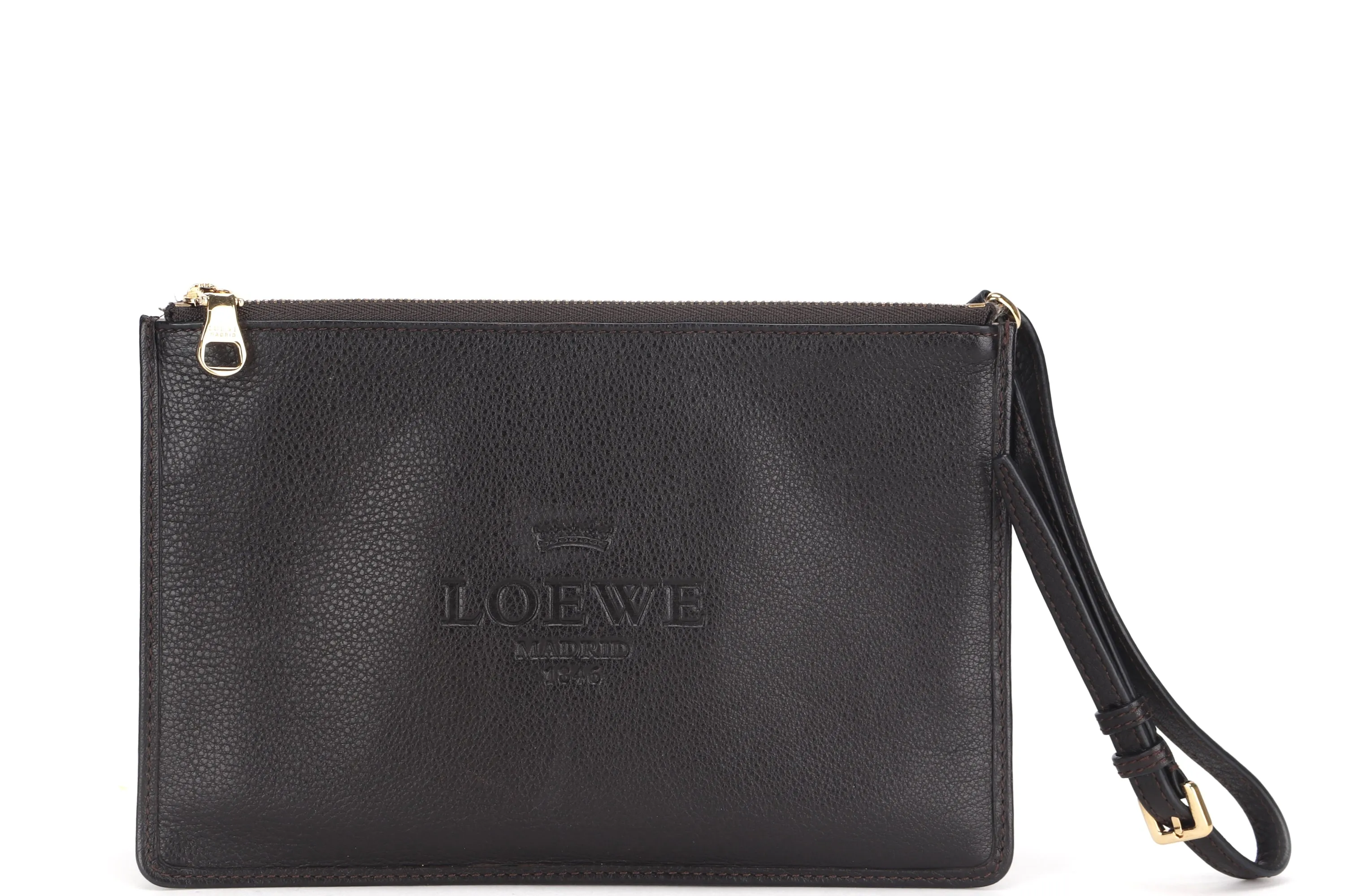 LOEWE POUCH (341011) (W 20.5CM) SMALL BLACK LEATHER GOLD HARDWARE, WITH DUST COVER