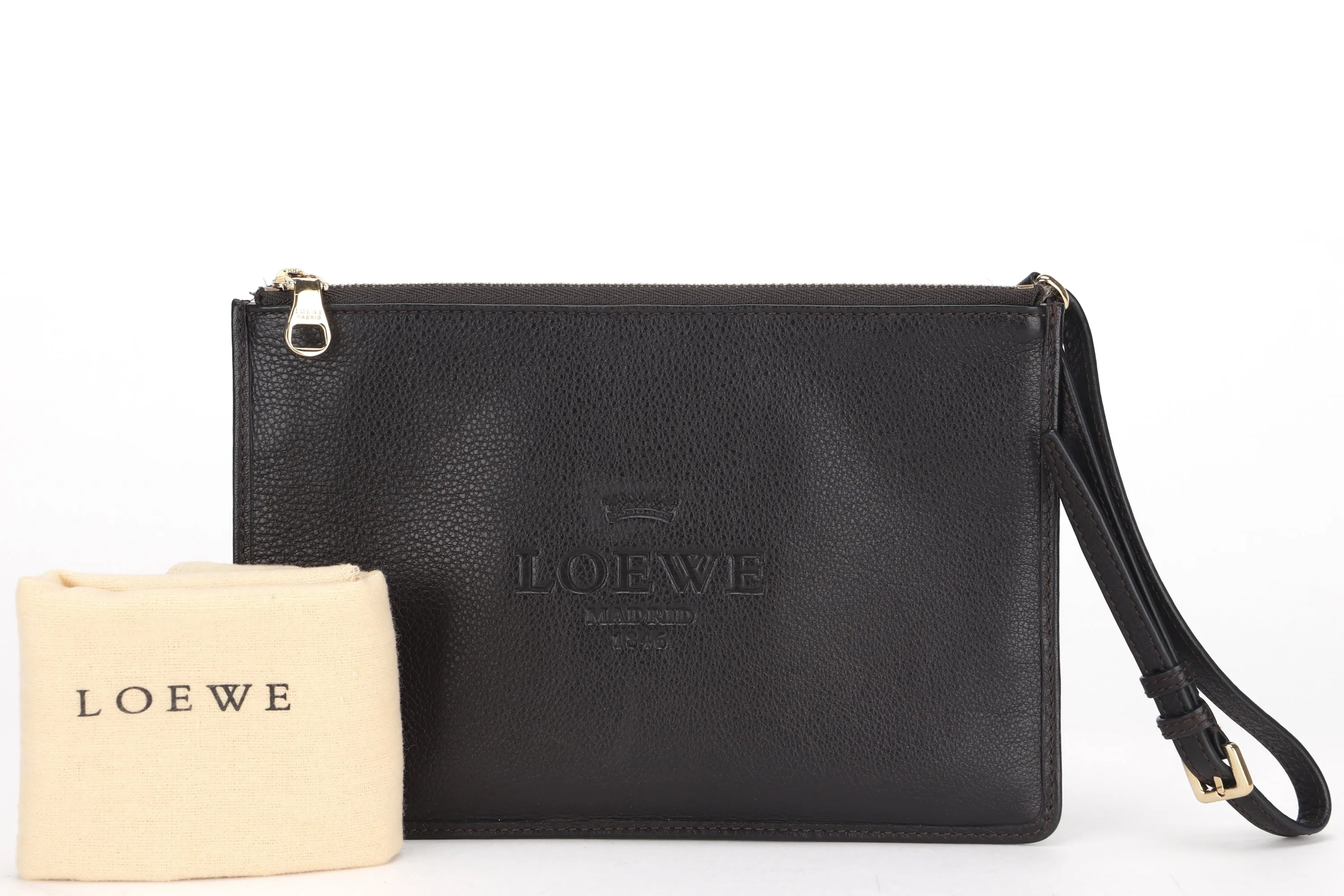 LOEWE POUCH (341011) (W 20.5CM) SMALL BLACK LEATHER GOLD HARDWARE, WITH DUST COVER