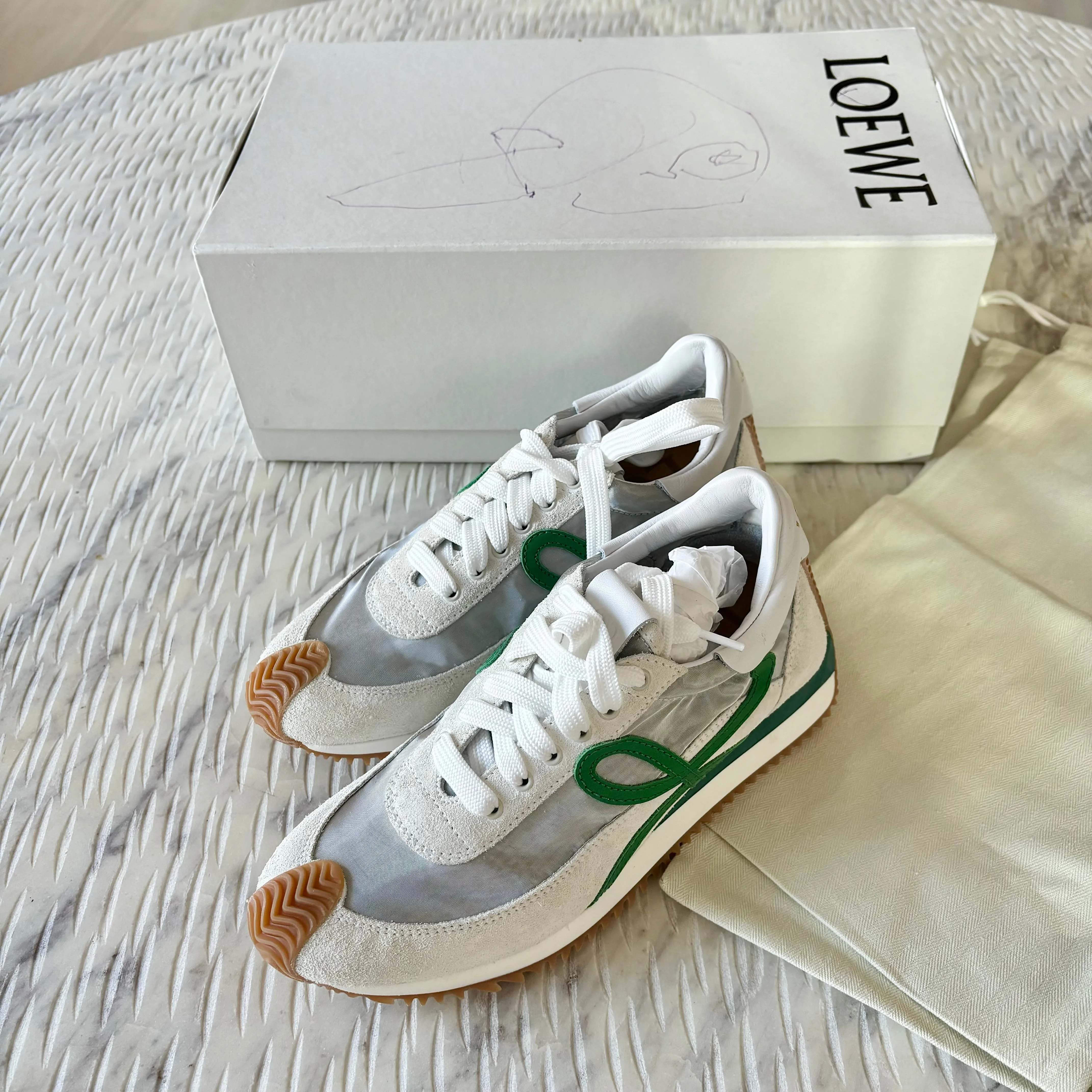 Loewe White/Green Suede/Mesh 'Flow' Sneakers Size 35