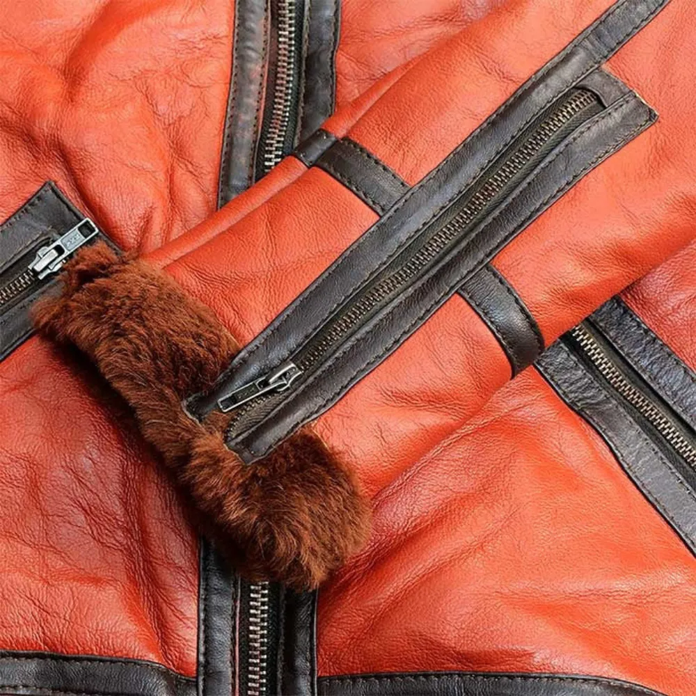 Men's Orange Leather Brown Shearling Aviator Jacket